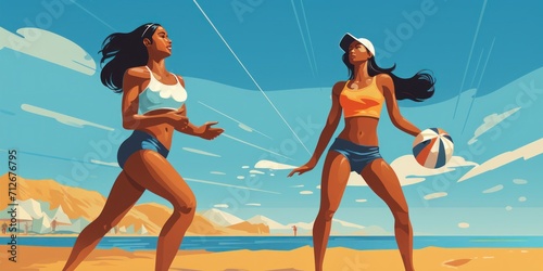 Beach volleyball, two women playing volleyball in the sand and summer sun. Fitness, diversity and sports on holiday in Brazil. Volley ball, bikini and a ball game at the sea photo