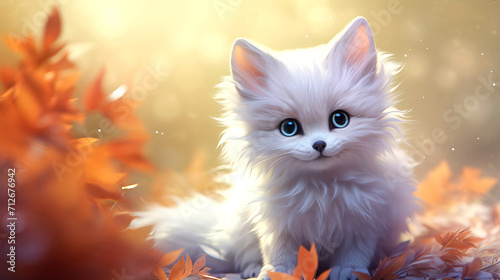 Beautiful white kitten in a fairyland. Fantasy style. photo