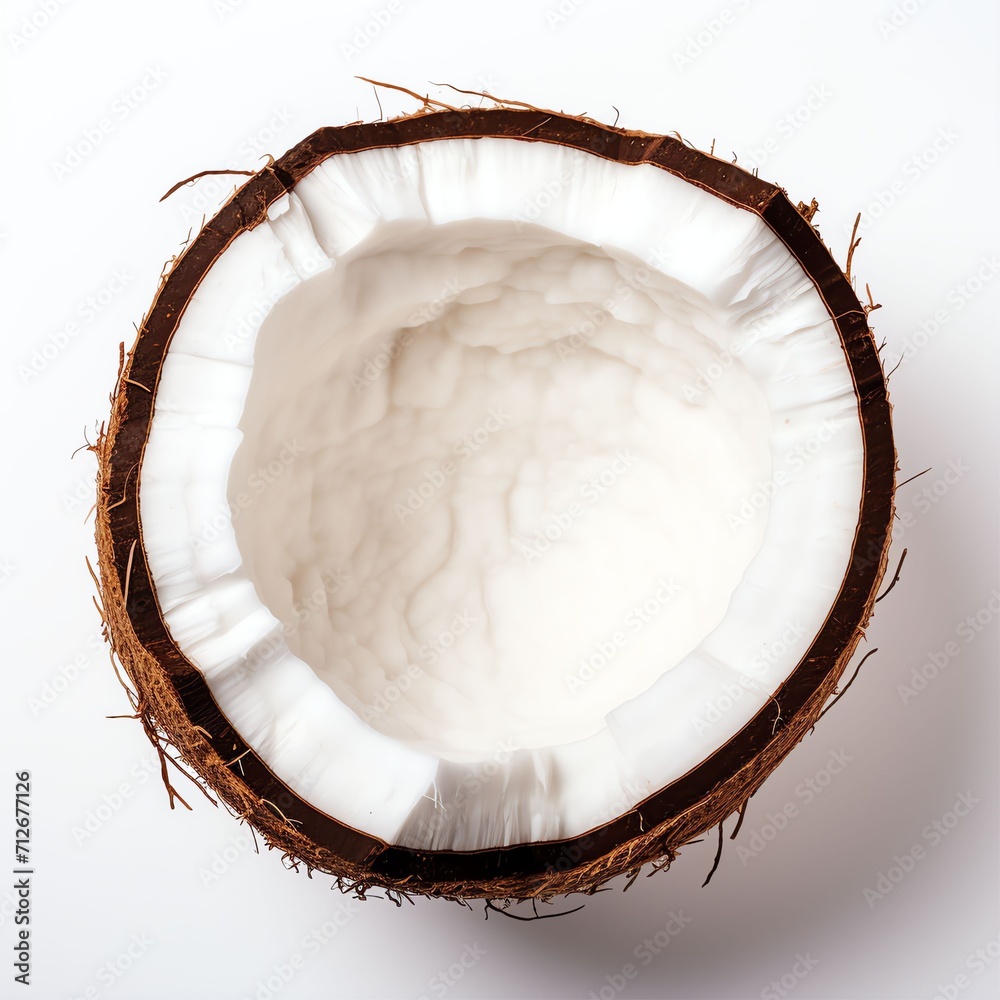 Photograph of coconut, top down view, wite background