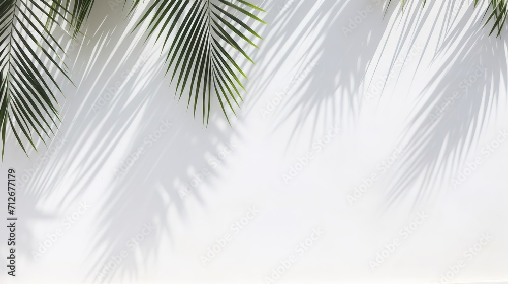 Light and shadow of leaves, palm leaves on a white background. Abstract tropical leaf silhouette, natural pattern for wallpaper, spring, summer texture. - obrazy, fototapety, plakaty 