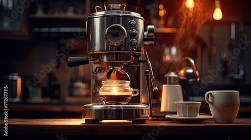 a coffee maker in action, brewing coffee with bright, front lighting to accentuate the process and the rich tones of the coffee.