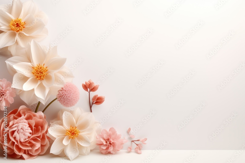 Happy women's day. Mother's day. 8 march. Flowers on stem with leaves, white Blossom floral bouquet in plastic 3d realistic render or paper cut. banner Happy women's day. Mother's day. 8 march. Flowers on stem with leaves, white Blossom floral bouquet in plastic 3d realistic render or paper cut. banner