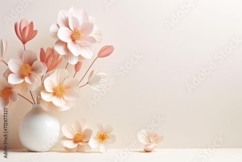 Happy women s day. Mother s day. 8 march. Flowers on stem with leaves  white Blossom floral bouquet in plastic 3d realistic render or paper cut. banner