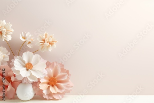 Happy women s day. Mother s day. 8 march. Flowers on stem with leaves  white Blossom floral bouquet in plastic 3d realistic render or paper cut. banner
