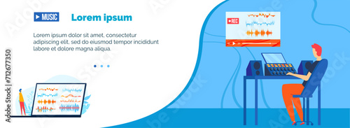 Male sound engineer working with audio mixer, recording, editing music. Podcast studio setup, music production vector illustration.