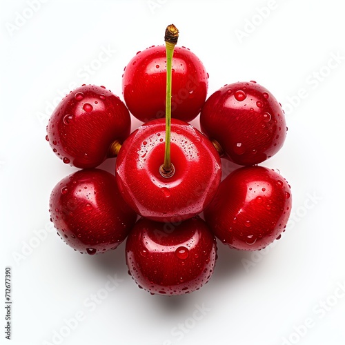 Photograph of cherry, top down view, wite background