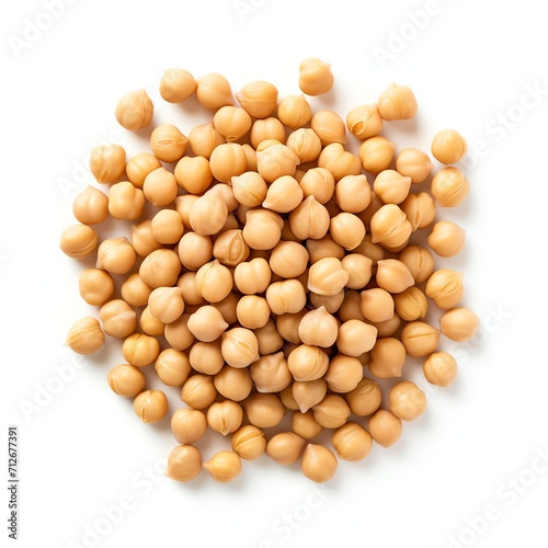 Photograph of chick peas, top down view, wite background