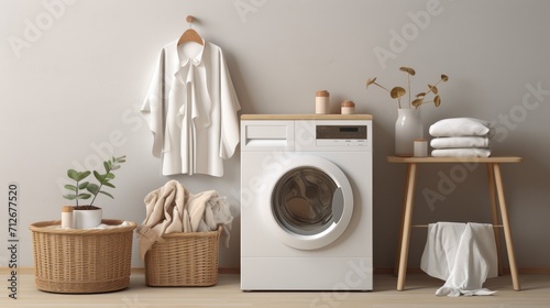 a laundry room with a basket filled with dirty clothes placed near washing machines, the domestic atmosphere and the common chore of doing laundry. © Li