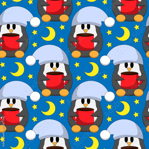 Seamless pattern with cute sleep Penguin