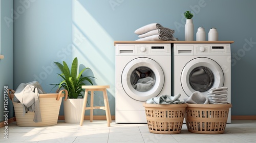 a laundry room with a basket filled with dirty clothes placed near washing machines, the domestic atmosphere and the common chore of doing laundry.