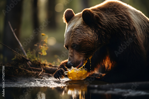 Bear eating honey, honey bear, wild animal, bear with honey glases, sweet honey bear