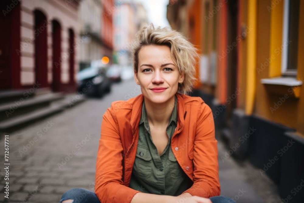 Portrait of a young woman sitting on the street in the city