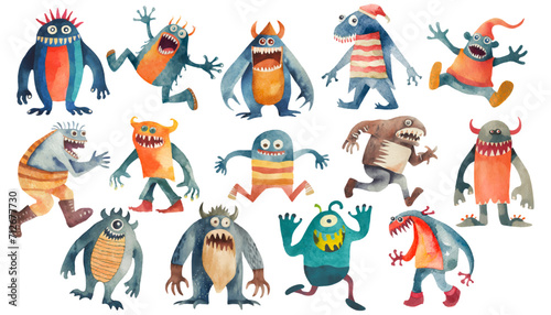 watercolor graphic resources with transparent background, cute monster set / collection