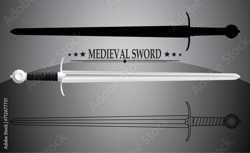 medieval sword / real, lines, silhouette/ vector illustration