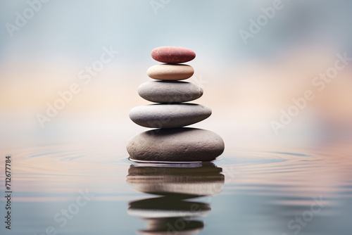 Zen stone stack on water with nature background for balance and harmony