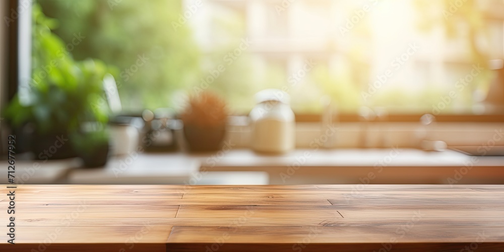 Empty wooden table top in front of blurred kitchen workstation.