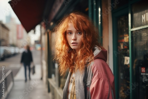 Beautiful red-haired girl with freckles walks through the city.