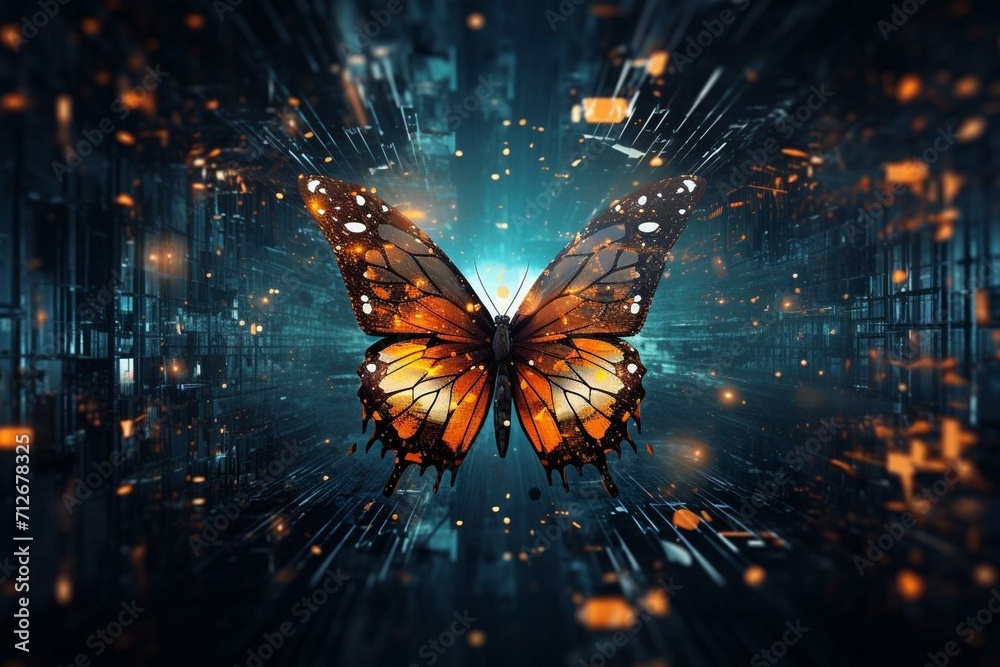 Abstract background portraying the digital era's transformation and innovation through the metamorphosis of a butterfly. Generative AI - obrazy, fototapety, plakaty 