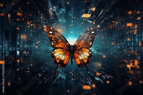 Abstract background portraying the digital era's transformation and innovation through the metamorphosis of a butterfly. Generative AI photo