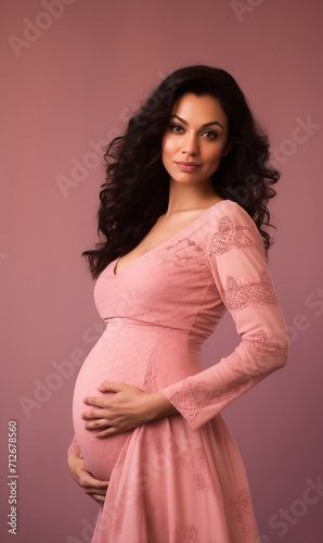 Belle femme enceinte debout sur fond rose
