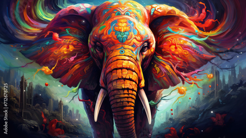 Colorful painting of a elephant with creative abstract elements as background 