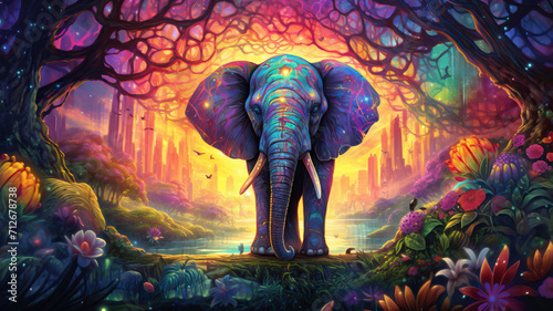 Colorful painting of a elephant with creative abstract elements as background 