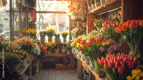 Cozy flower shop interior with tulips on display, inviting for Valentine's Day bouquet selections and Women's Day floral arrangements. photo