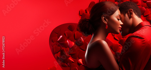 Saint-Valentin, un jeune couple amoureux sur fond rouge, image avec espace pour texte photo