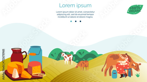 Dairy farm landscape with cows, milk products on picnic blanket. Farmer milking cow, countryside hills. Organic farming and agriculture concept vector illustration.