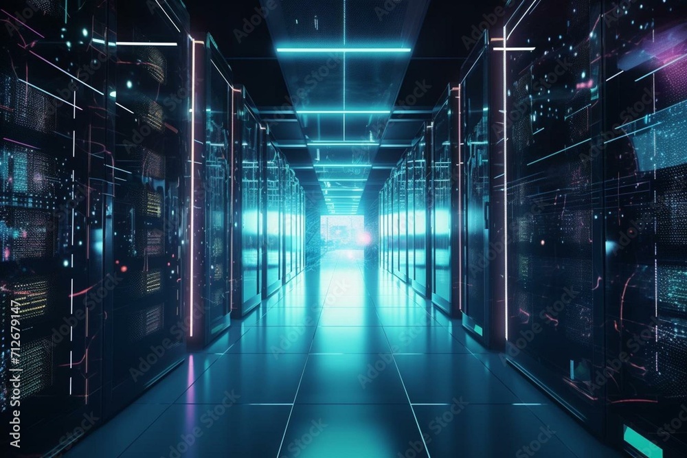 An image of a server center with interconnected servers and data displayed through neon lights in glass shelves inside a spacious room with cloud computing technology. Generative AI