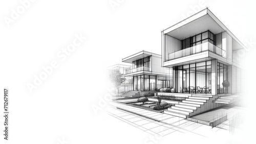 A thin pencil sketch showing the exterior of a modern minimalist villa on a white background. A wide camera angle is used