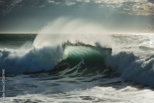 Huge wave  morning view of turbulent sea. Generative AI
