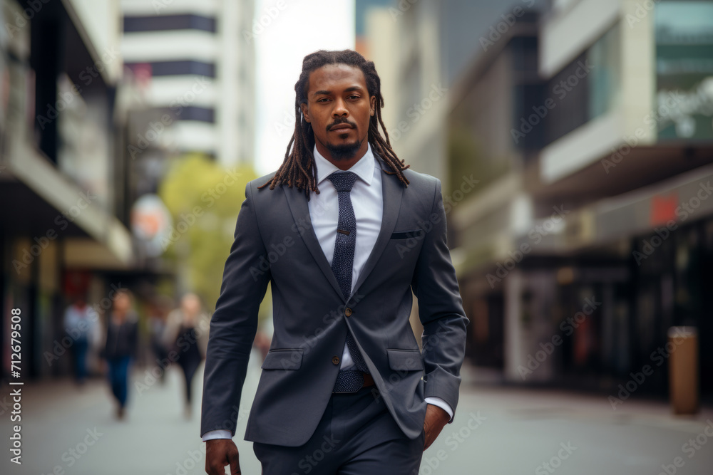 A young dark-skinned man with dreadlocks confidently striding towards success in a sleek business suit amidst a bustling city backdrop