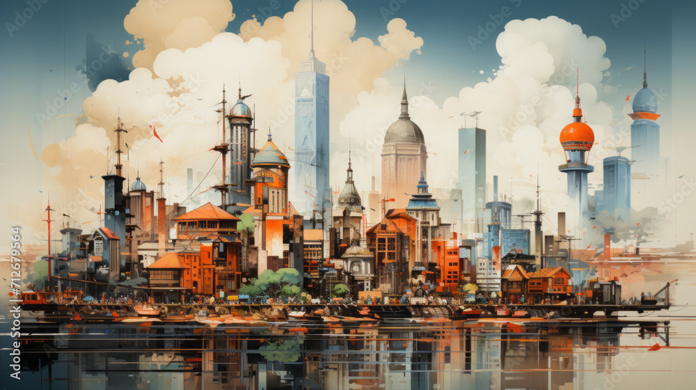 Vibrant Urban Nights: Captivating Panoramas of Industrial Cityscapes by the River, generative AI