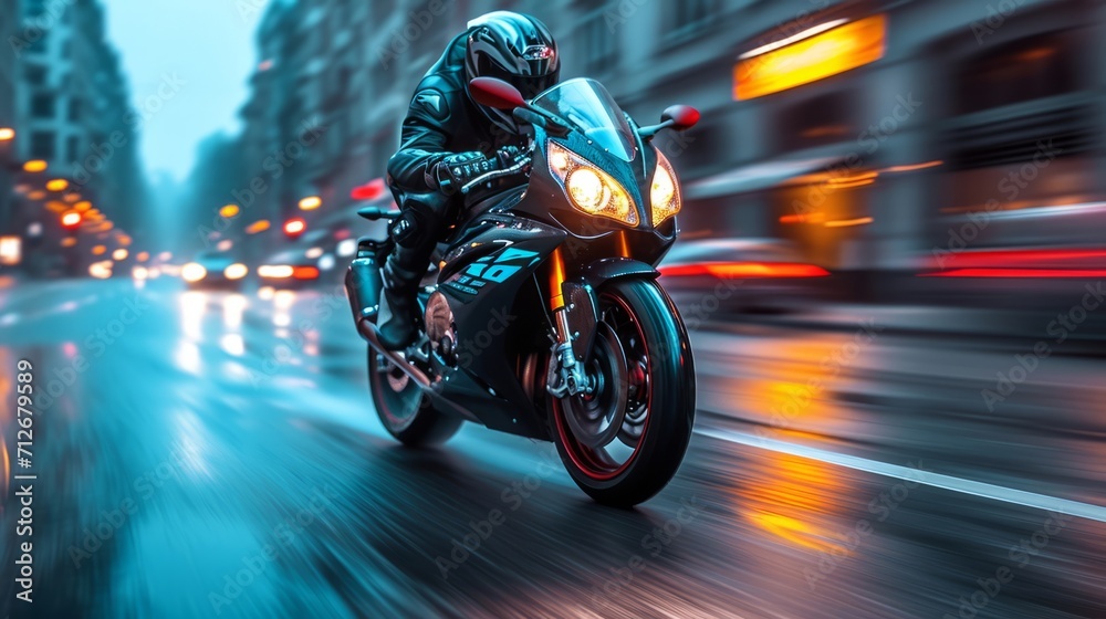motor bike is racing on a normal street with blurred motion - obrazy, fototapety, plakaty 
