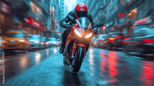 motor bike is racing on a normal street with blurred motion photo