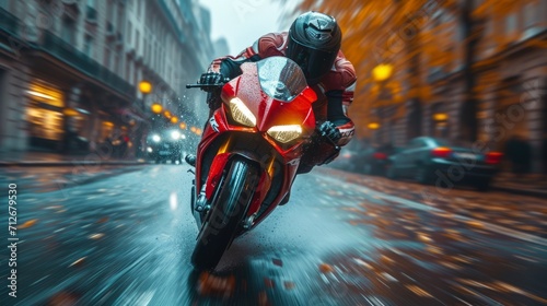 motor bike is racing on a normal street with blurred motion