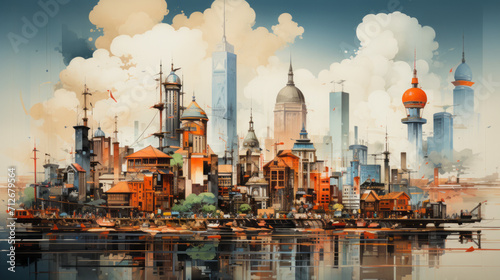 Vibrant Urban Nights: Captivating Panoramas of Industrial Cityscapes by the River, generative AI