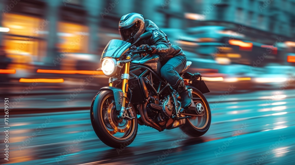 motor bike is racing on a normal street with blurred motion