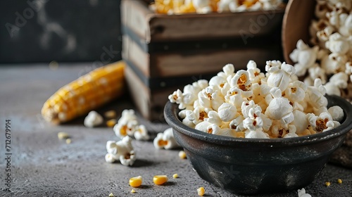 Close-up of a corn cob in a box and a dish of popcorn on a gray table. photo