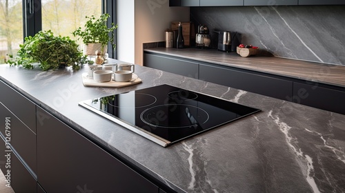 the induction cooktop on a marble countertop in the modern kitchen of a contemporary home, featuring an oven and cabinets, with a composition or scene in a minimalist modern style.
