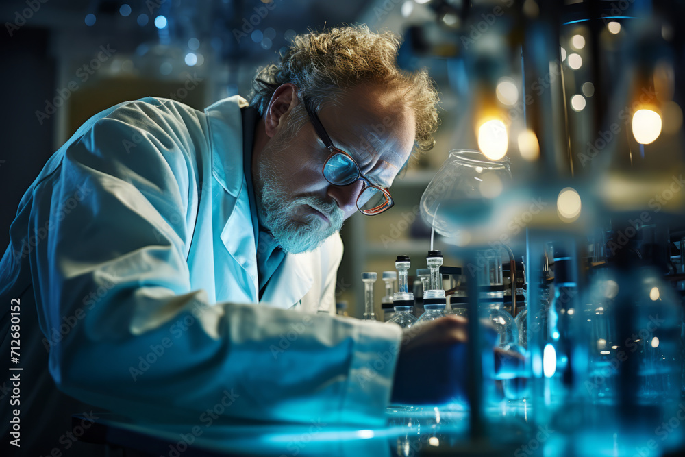 A seasoned industrial chemist engrossed in his work, surrounded by a myriad of complex chemical apparatus in a bustling laboratory, reflecting the essence of scientific exploration A seasoned industrial chemist engrossed in his work, surrounded by a myriad of complex chemical apparatus in a bustling laboratory, reflecting the essence of scientific exploration