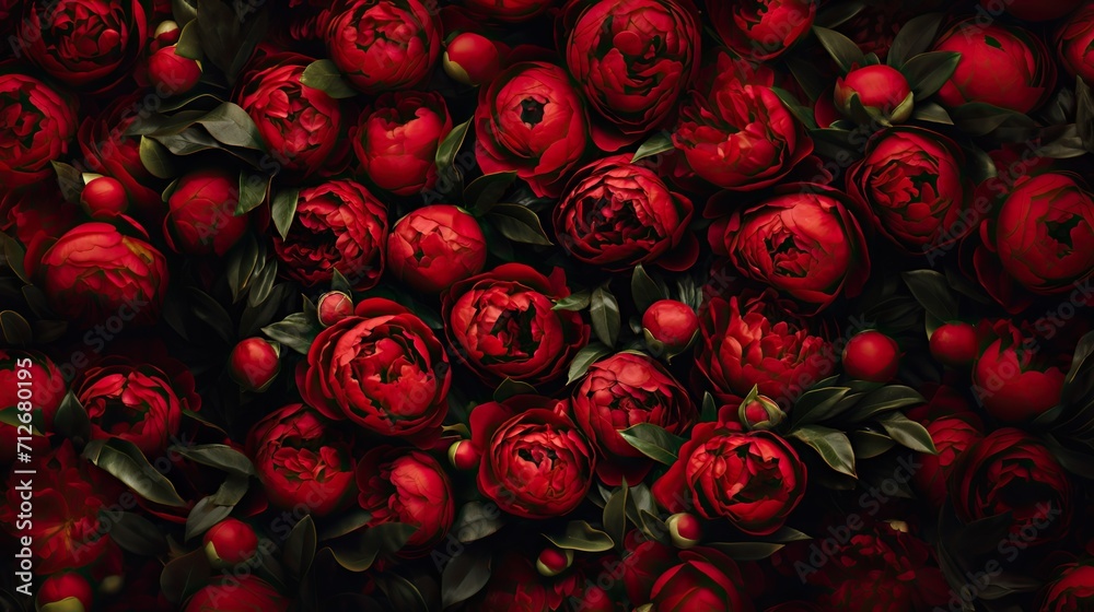 A charming backdrop of red peonies or peony roses, perfect for use as background or texture when viewed from above. A charming backdrop of red peonies or peony roses, perfect for use as background or texture when viewed from above.