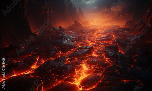 Fiery lava flow. 3D illustration. Fantasy magic landscape.