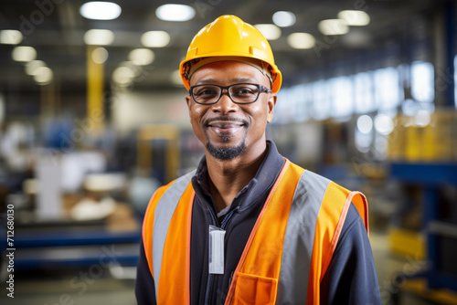 A seasoned Production Supervisor, with a hard hat and safety glasses, standing confidently in the bustling factory floor, overseeing the smooth operation of machinery and workforce © aicandy