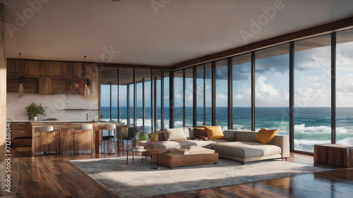 Interior architectural hi-res editorial living room with massive glass windows overlooking the ocean, hurricane outside, torrential rain, detailed, high resolution, photorrealistic