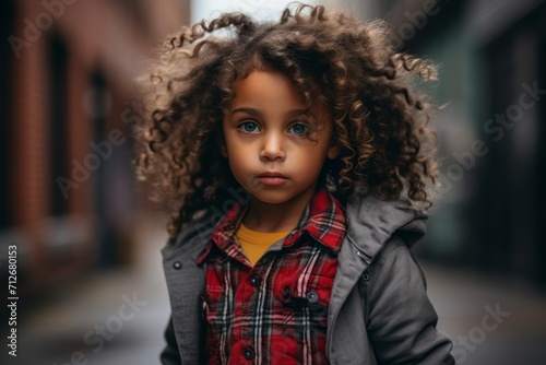 Cute african american little girl with curly hair in a coat on the street.