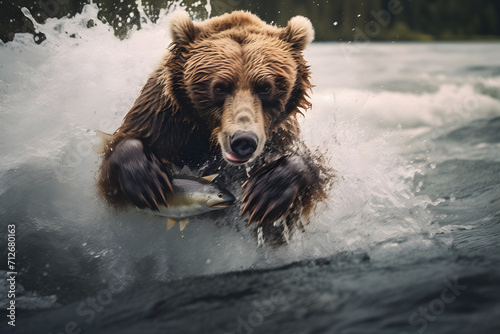 Bear catching a fish, catching fish, bear, bear in a river catching wild salmon © MrJeans