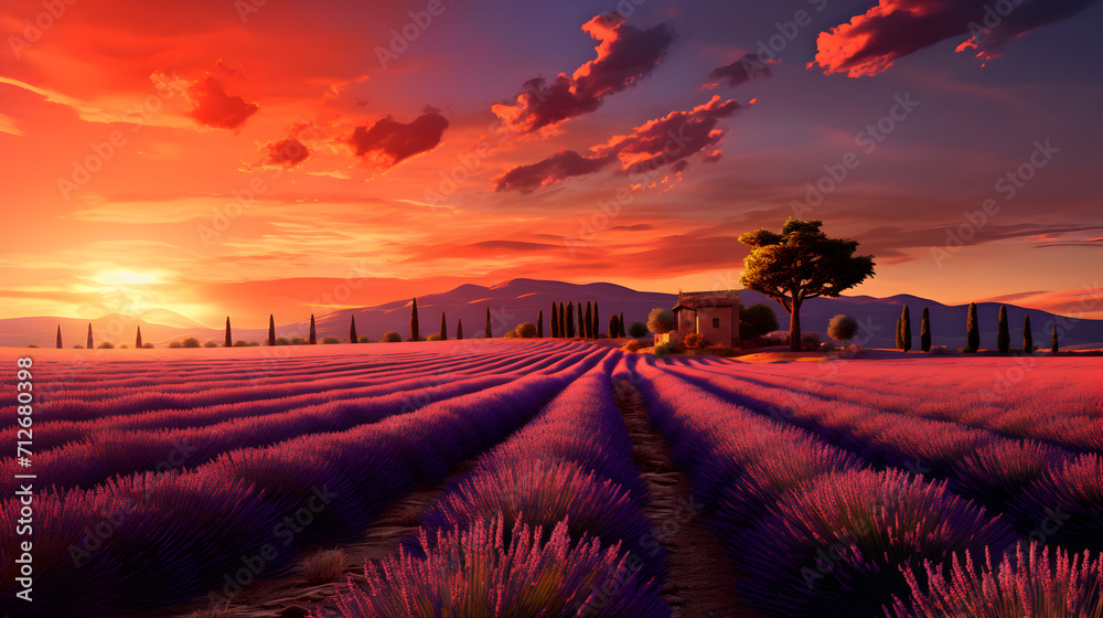 A sunset over a lavender field with a house in the background.,,
A Lavender Landscape Basking in the Radiance of a Sunset Sky
