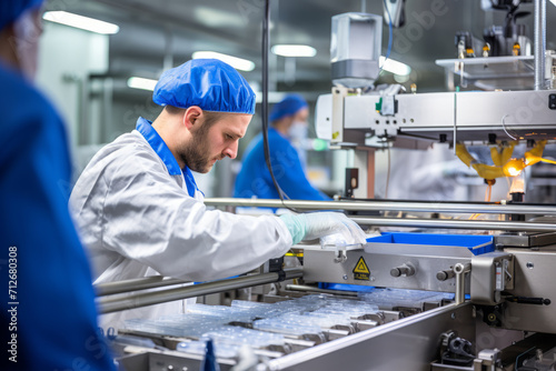 A dedicated Food Processing Operator meticulously monitoring the production line, surrounded by a bustling factory environment filled with machinery and conveyor belts